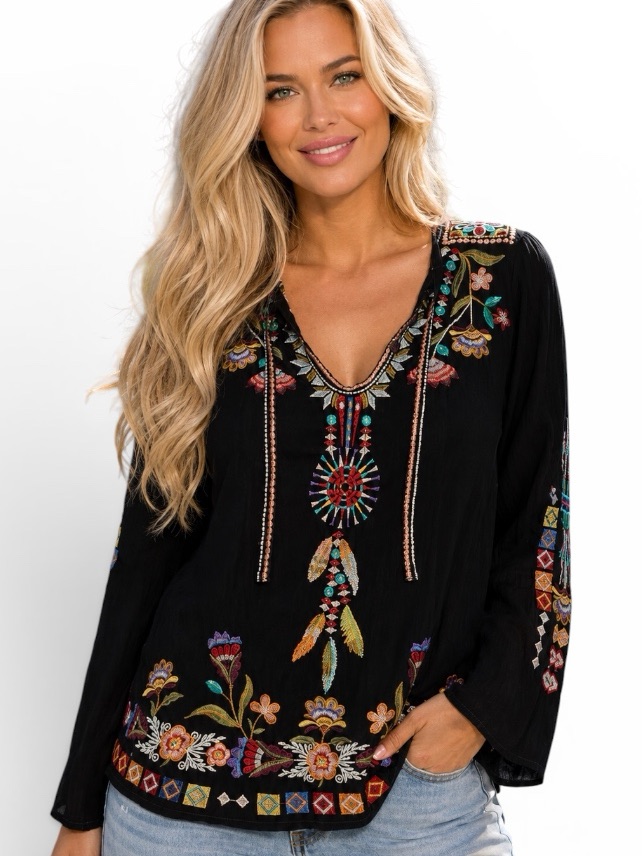 Johnny Was Free Spirit Heavily Embroidered Tie Blouse Nwt Rare